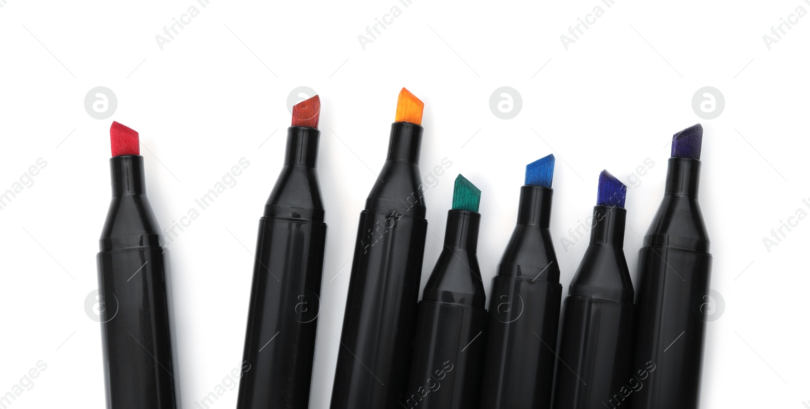 Photo of Colorful markers isolated on white, top view