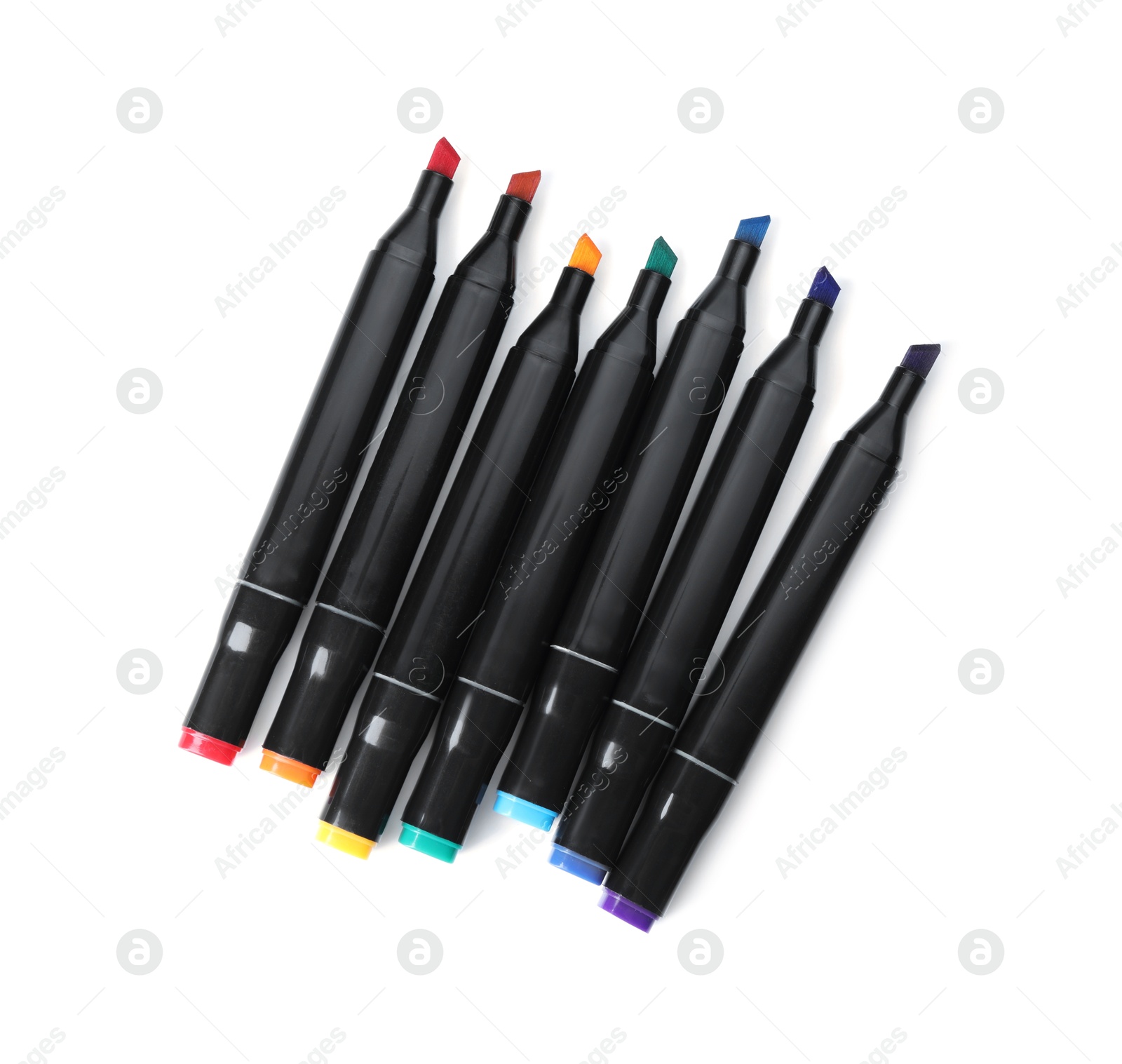 Photo of Colorful double sided markers isolated on white, top view