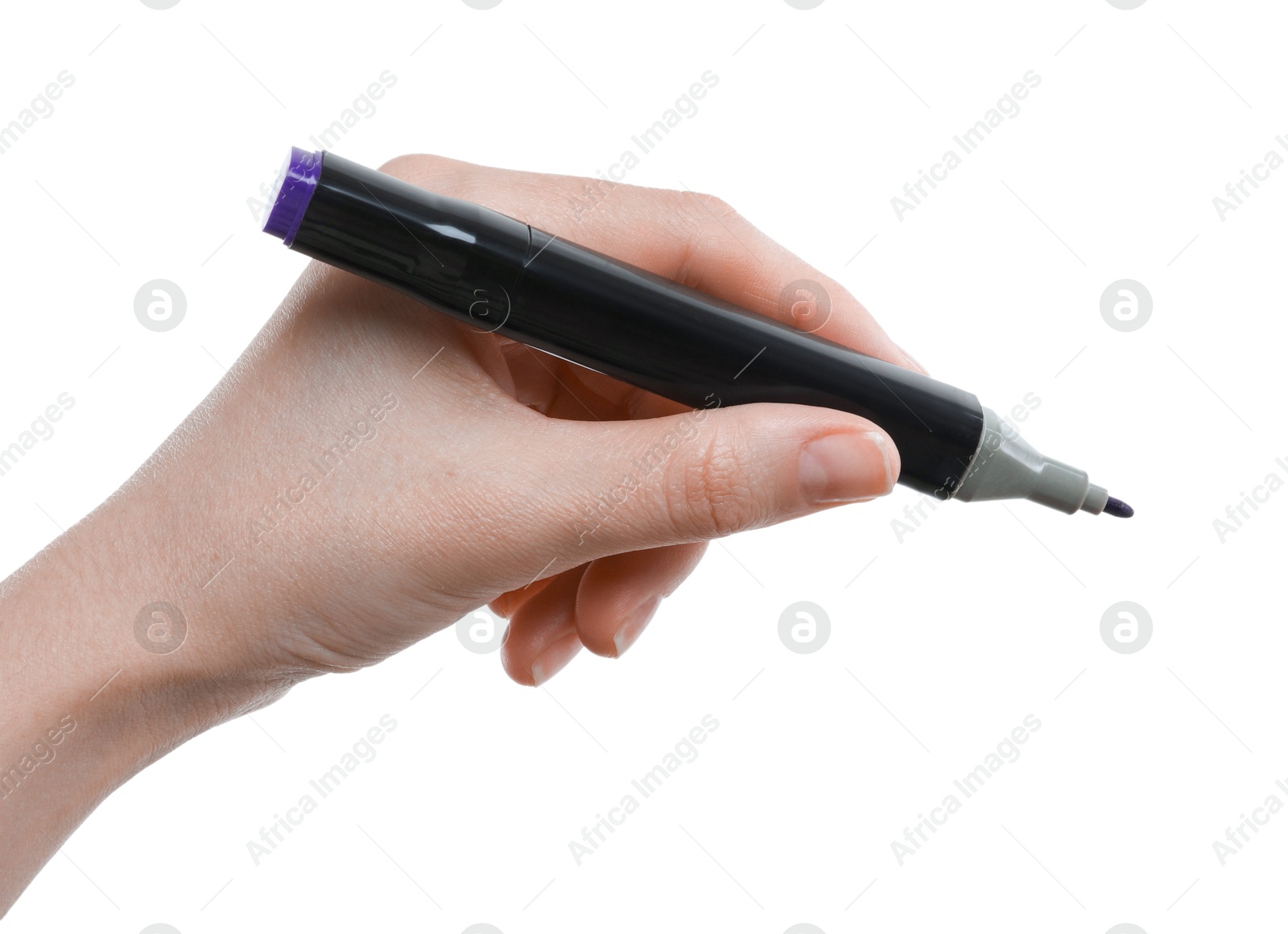 Photo of Woman with double sided marker on white background, closeup