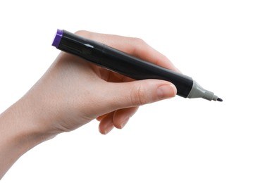 Photo of Woman with double sided marker on white background, closeup