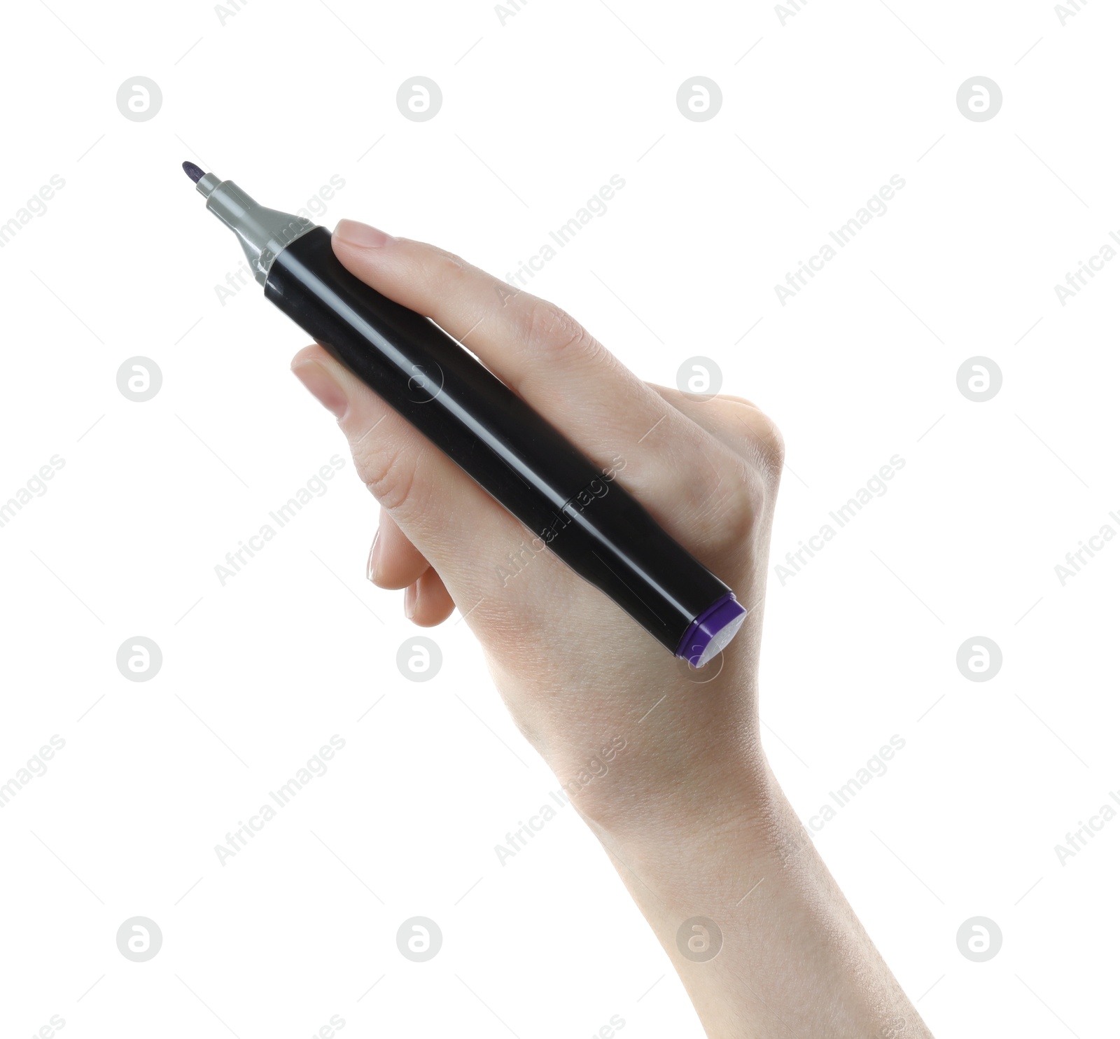 Photo of Woman with double sided marker on white background, closeup