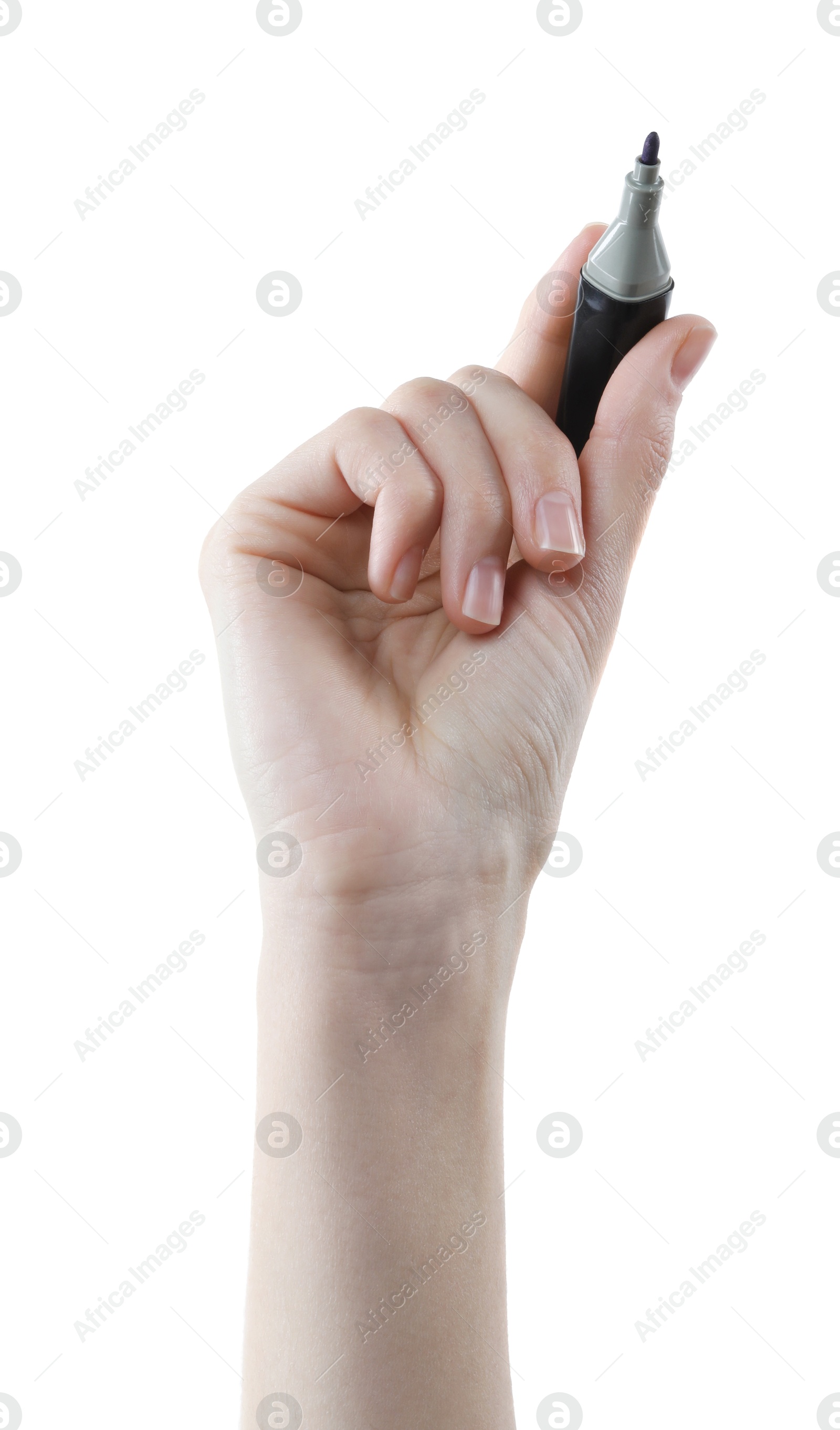 Photo of Woman with color marker on white background, closeup