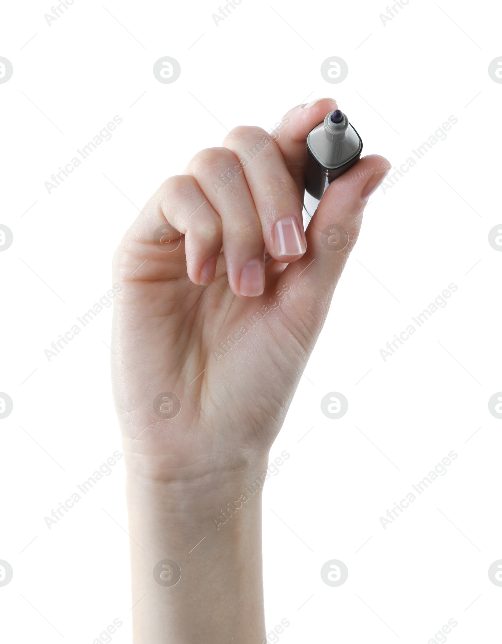 Photo of Woman with color marker on white background, closeup