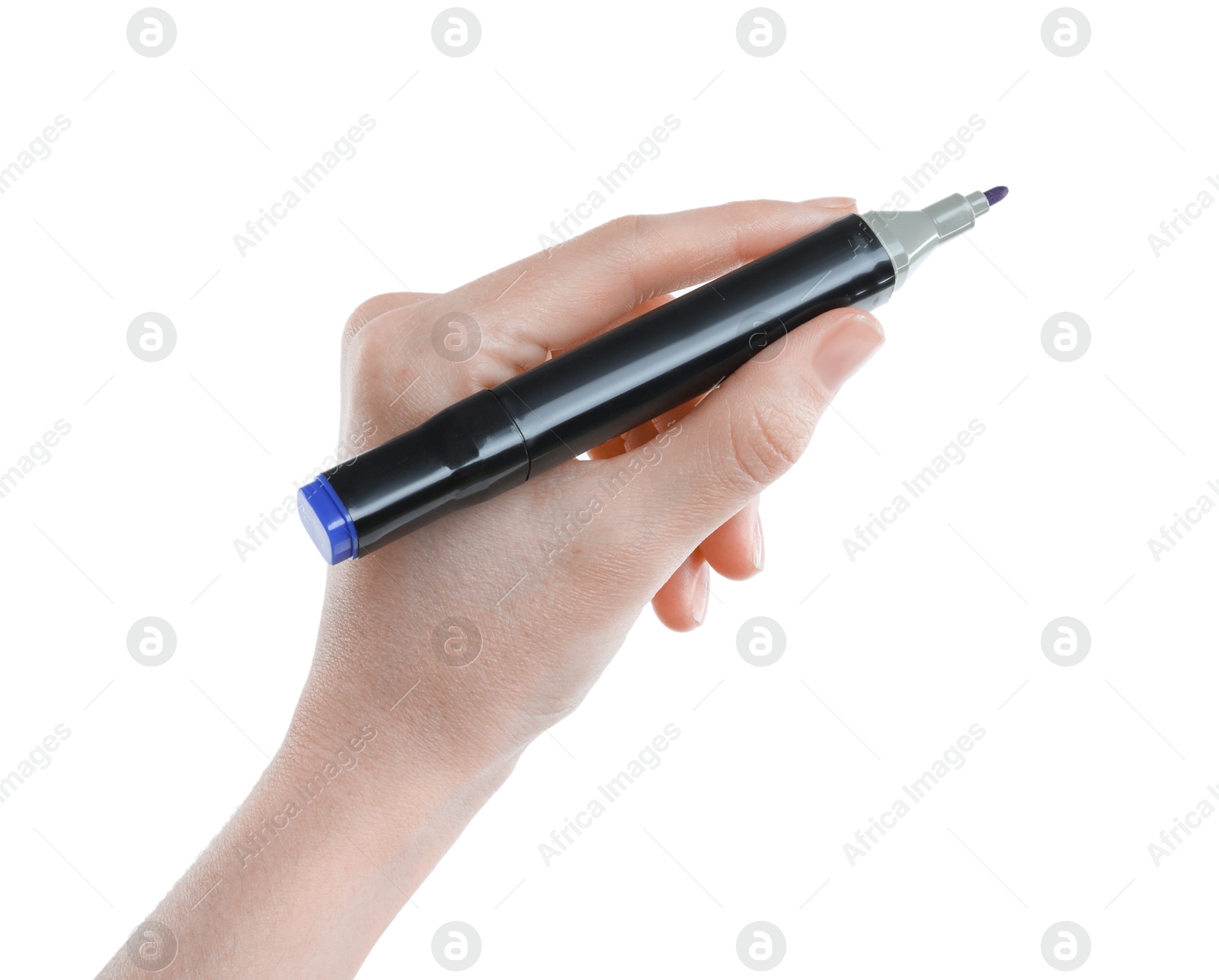 Photo of Woman with double sided marker on white background, closeup