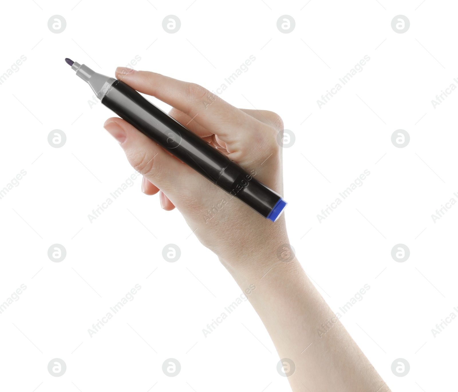 Photo of Woman with double sided marker on white background, closeup