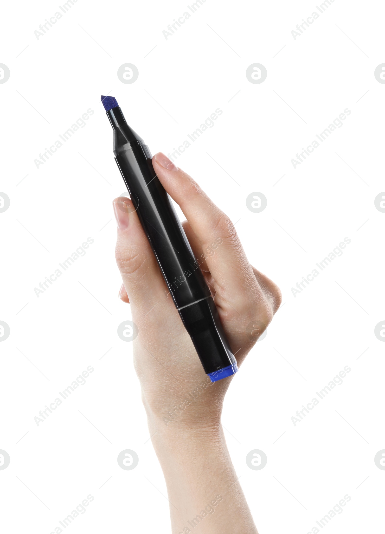 Photo of Woman with double sided marker on white background, closeup