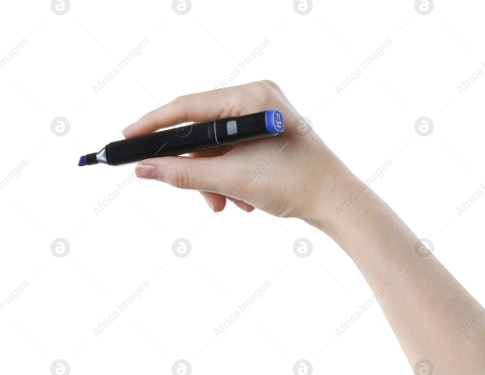 Photo of Woman with double sided marker on white background, closeup