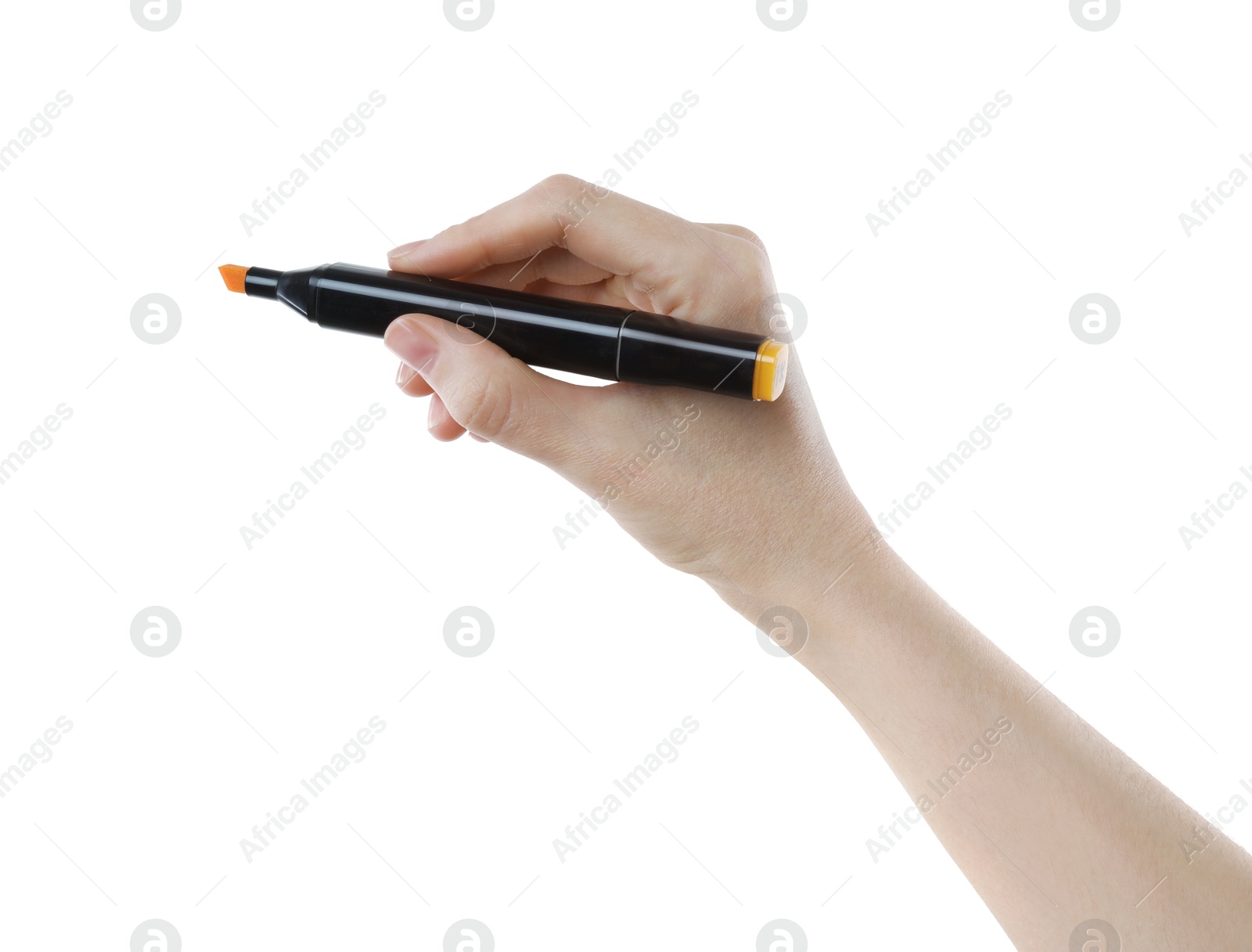 Photo of Woman with double sided marker on white background, closeup