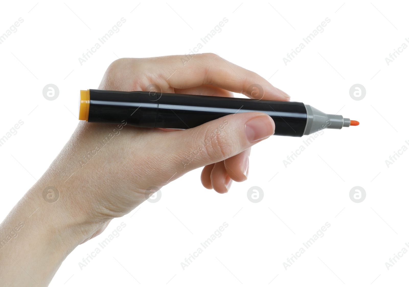 Photo of Woman with double sided marker on white background, closeup