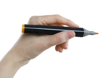 Photo of Woman with double sided marker on white background, closeup