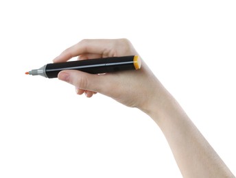 Photo of Woman with double sided marker on white background, closeup