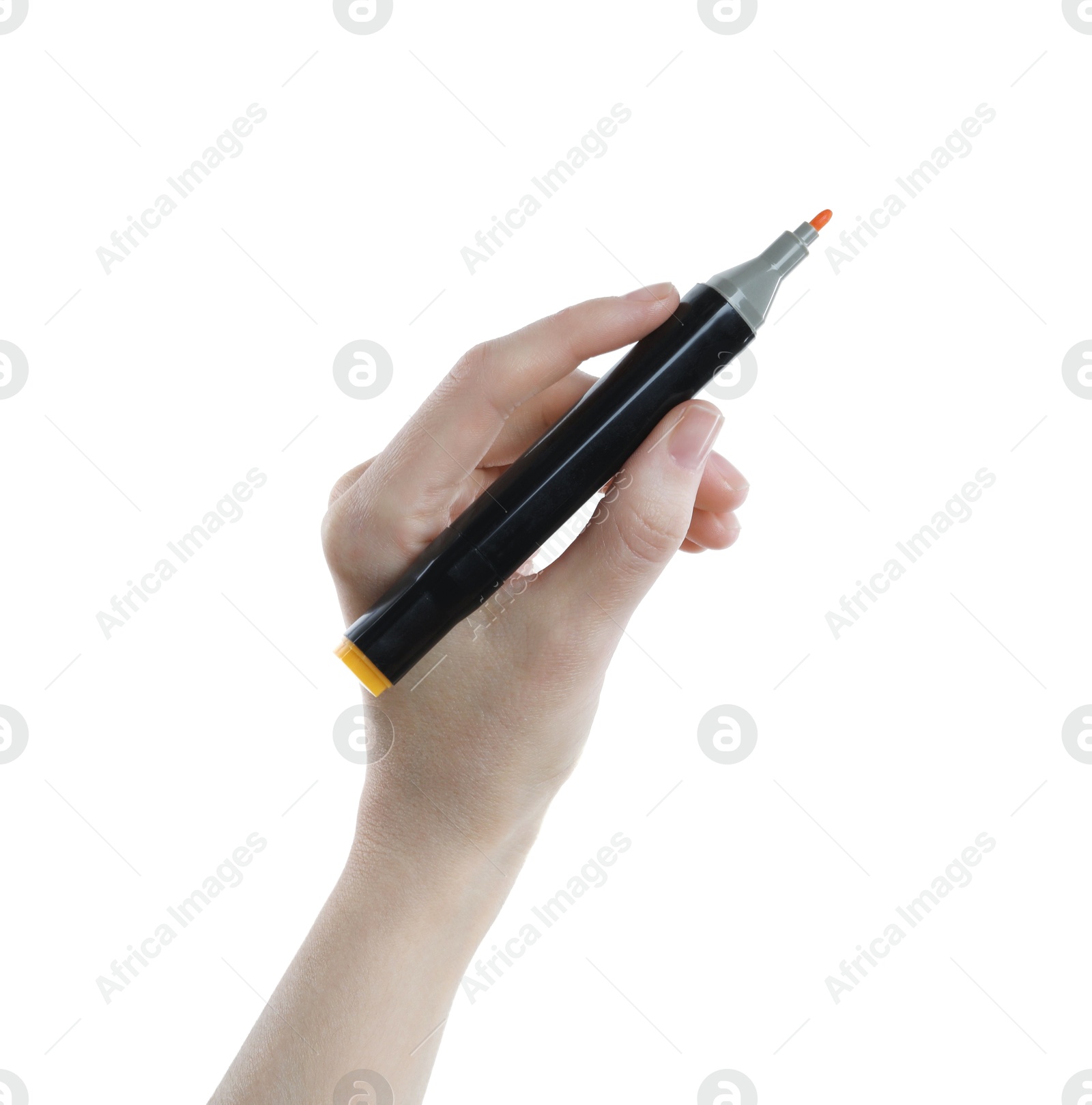 Photo of Woman with double sided marker on white background, closeup