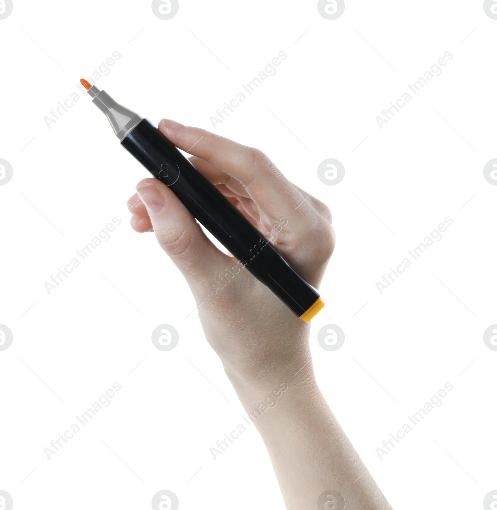 Photo of Woman with double sided marker on white background, closeup