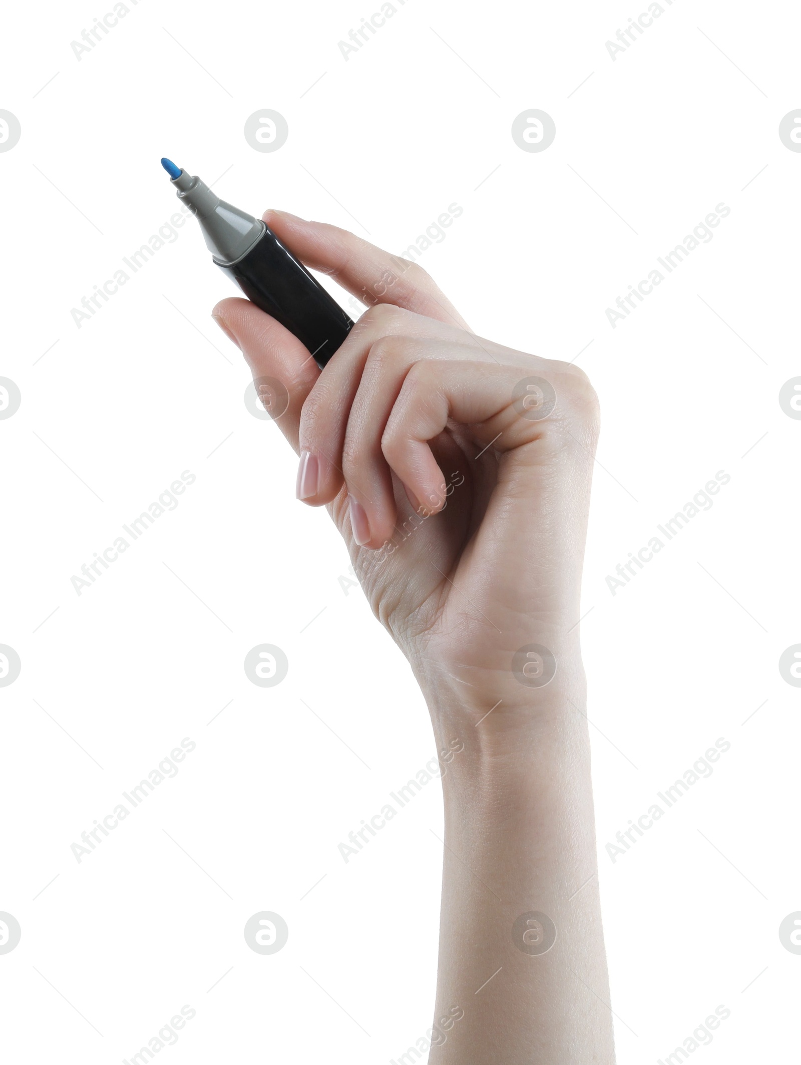 Photo of Woman with color marker on white background, closeup