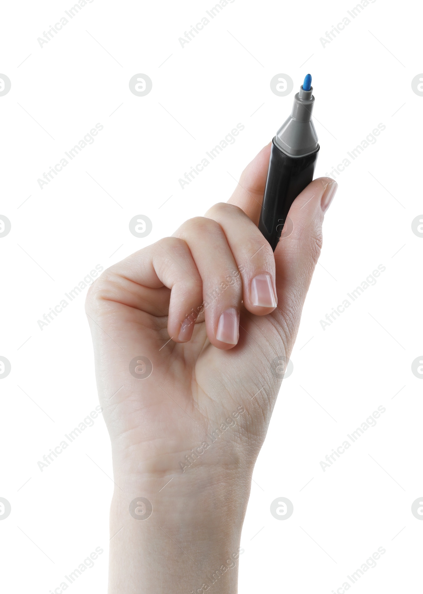 Photo of Woman with color marker on white background, closeup