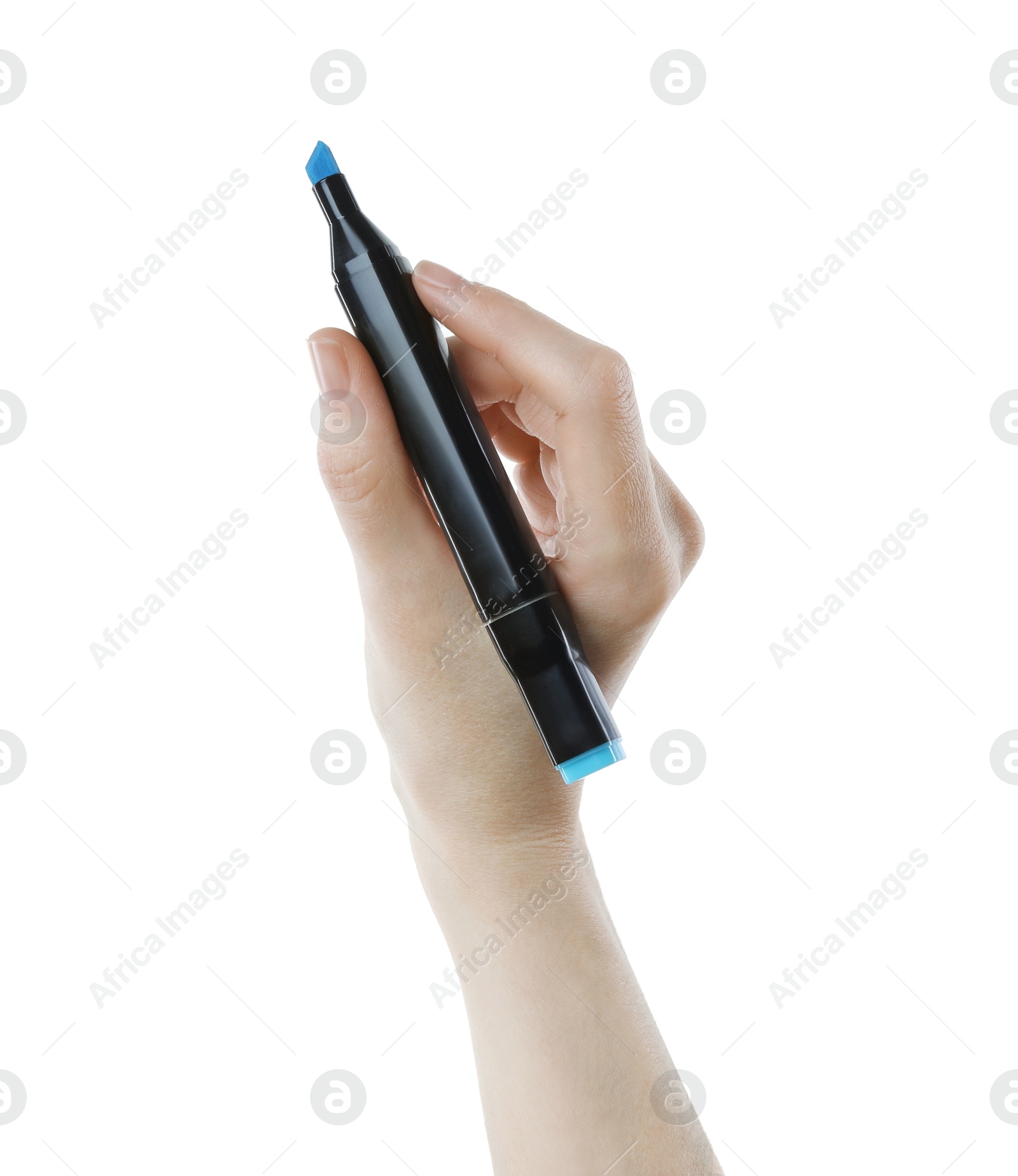 Photo of Woman with double sided marker on white background, closeup