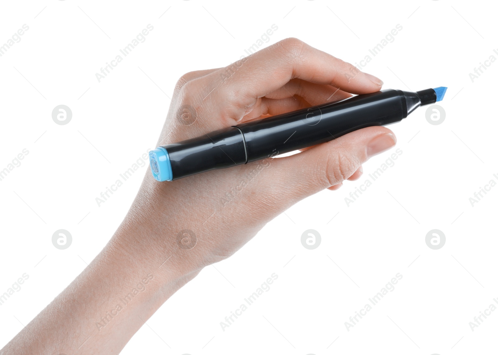 Photo of Woman with double sided marker on white background, closeup