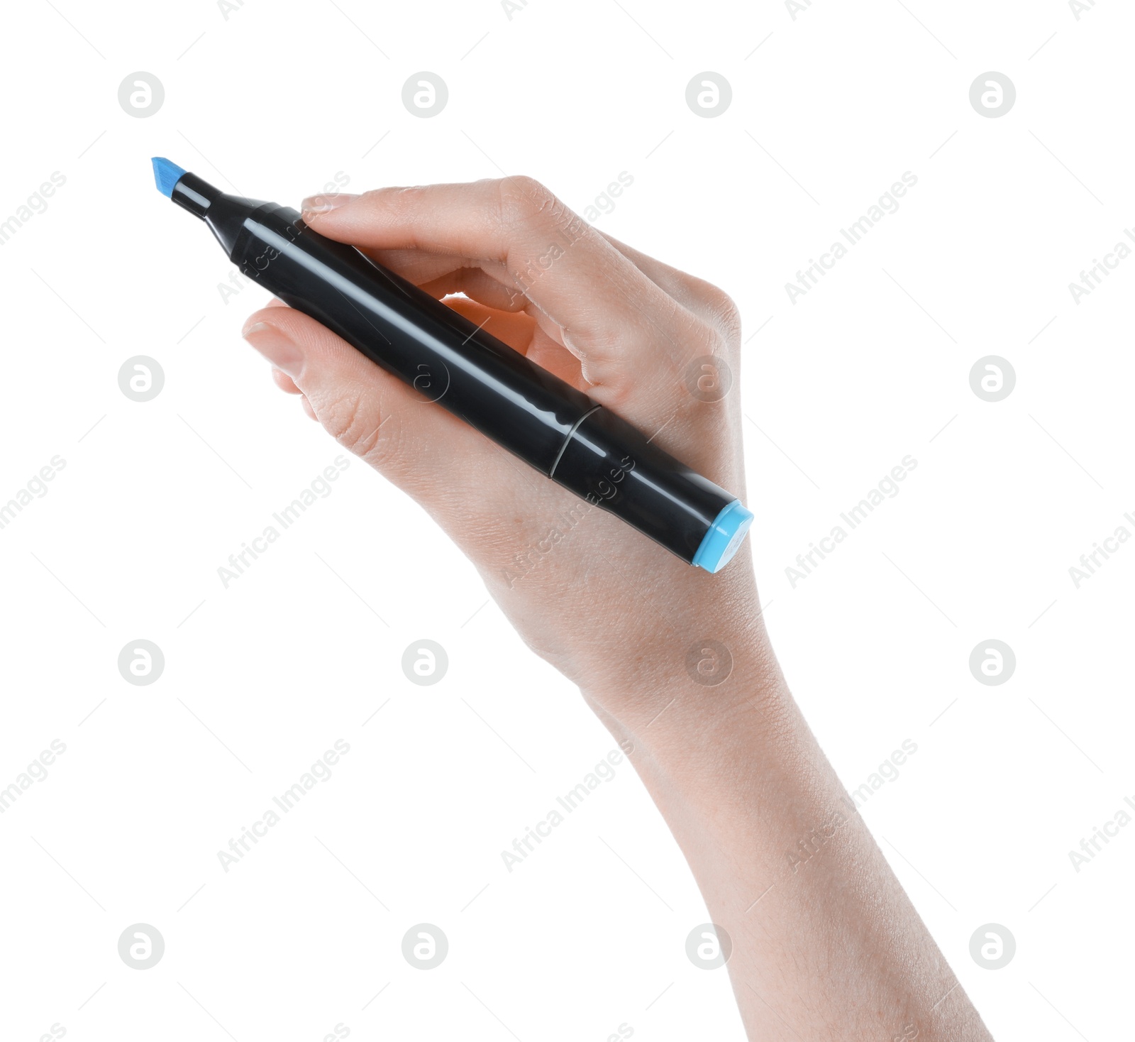 Photo of Woman with double sided marker on white background, closeup