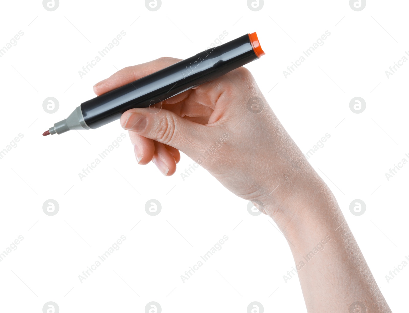 Photo of Woman with double sided marker on white background, closeup