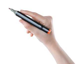 Photo of Woman with double sided marker on white background, closeup