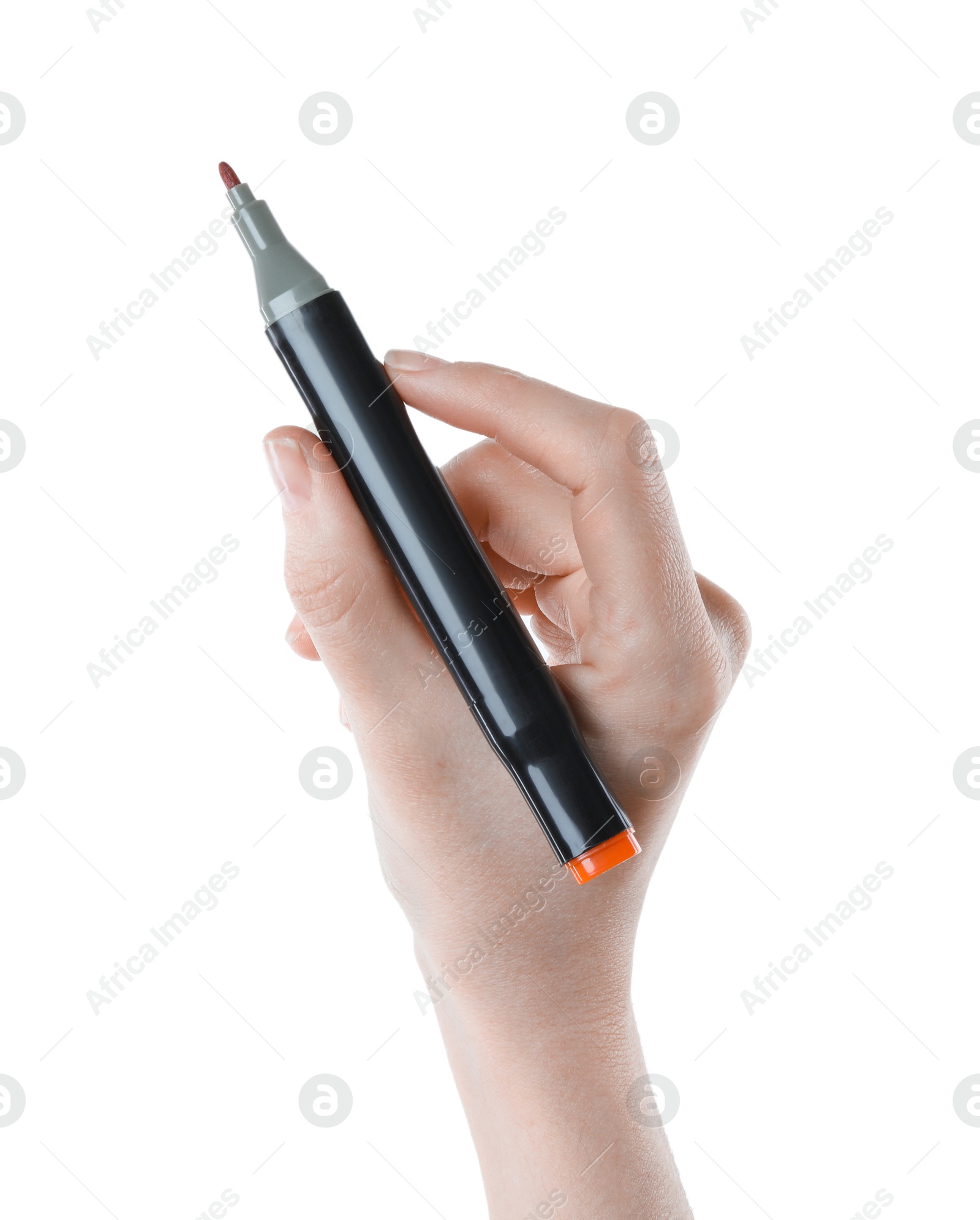 Photo of Woman with double sided marker on white background, closeup