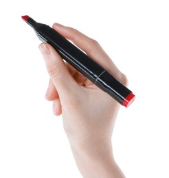 Photo of Woman with double sided marker on white background, closeup