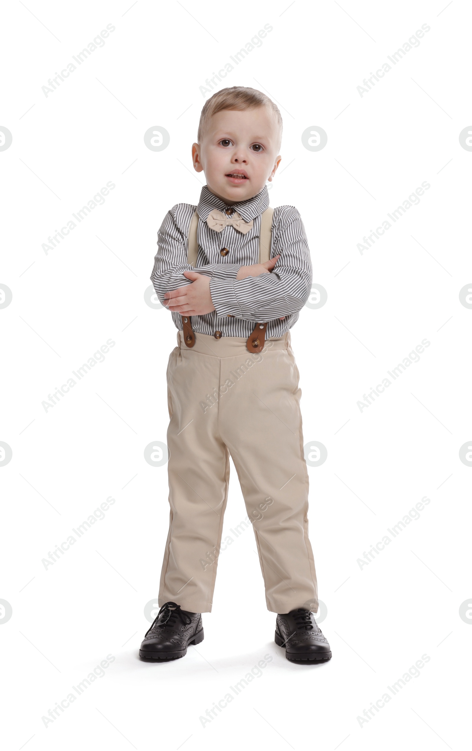 Photo of Full length portrait of cute little boy on white background