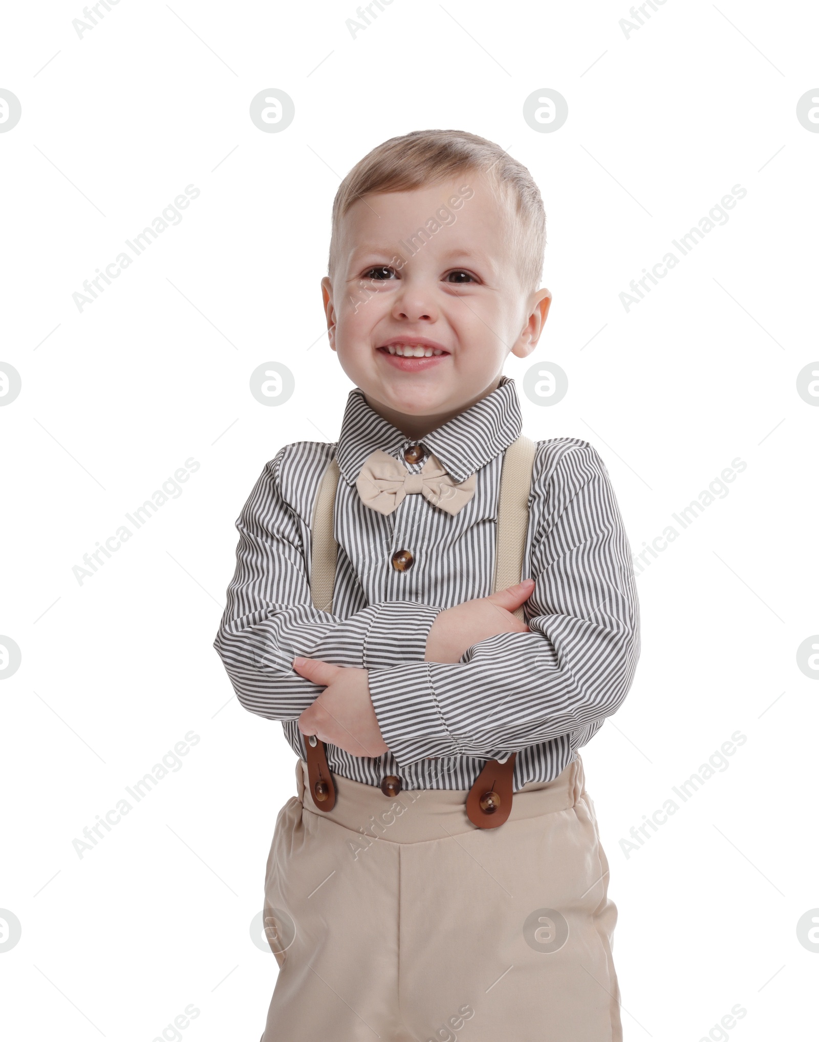 Photo of Portrait of cute little boy on white background