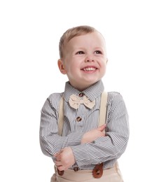 Photo of Portrait of cute little boy on white background