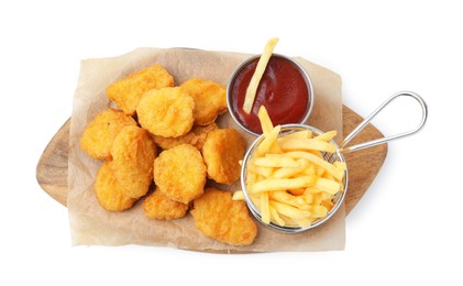 Photo of Tasty chicken nuggets, potato fries and ketchup isolated on white, top view