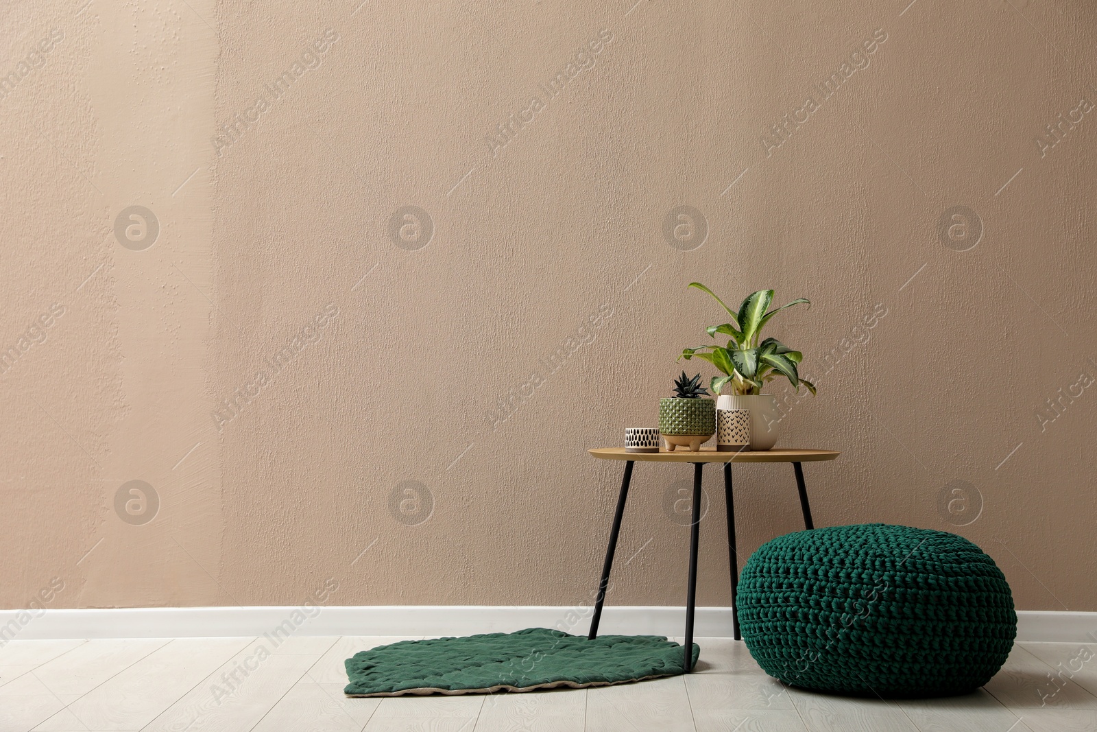 Photo of Knitted pouf, leaf shaped rug and table with houseplants near beige wall indoors. Space for text