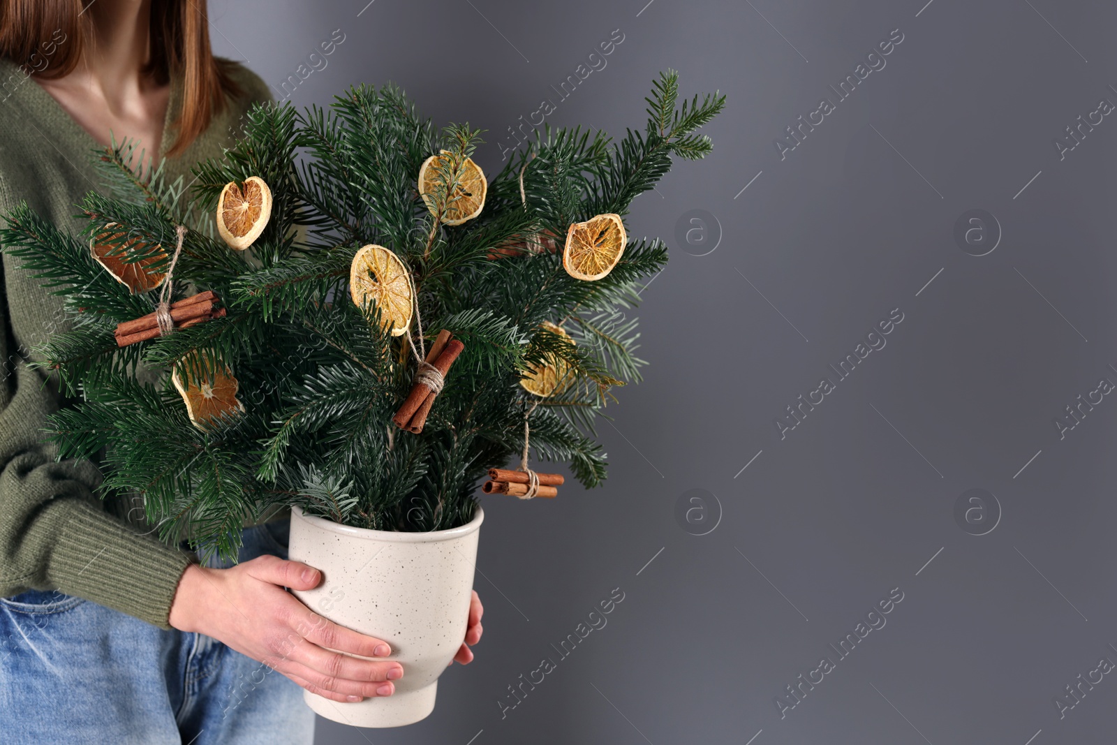 Photo of Woman holding beautiful Christmas composition of fir tree branches decorated with dried orange slices and cinnamon sticks on grey background, closeup. Space for text