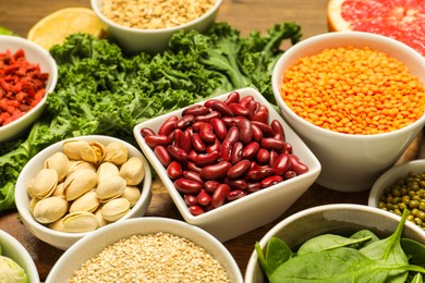 Photo of Superfood. Different healthy food products on table, closeup