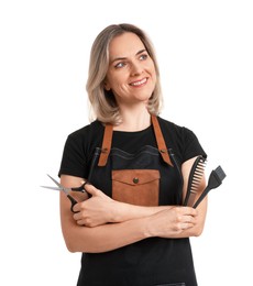 Photo of Smiling hairdresser with comb, hair dye brush and scissors on white background