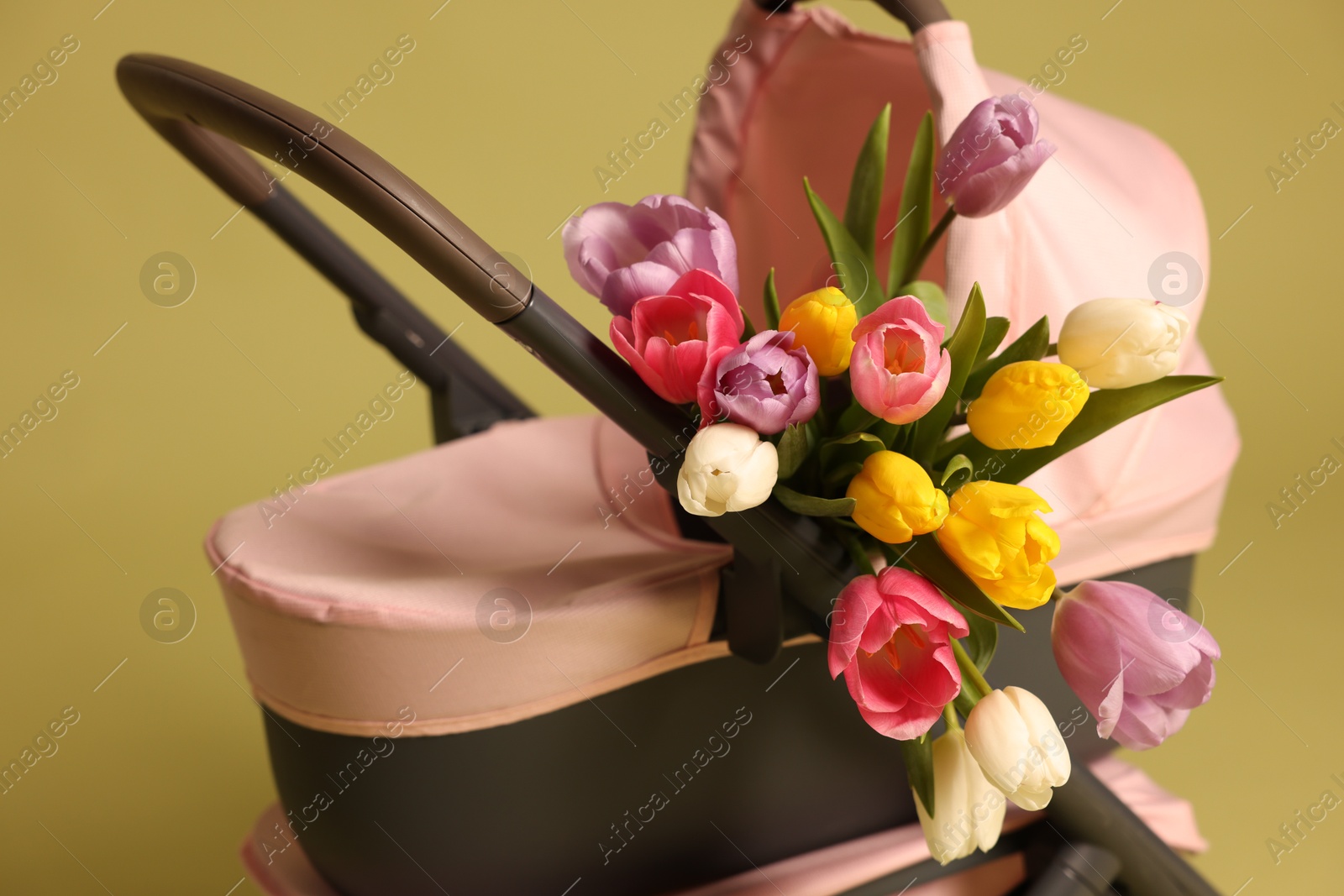 Photo of Stylish doll stroller and tulips on olive background. Kid's toy