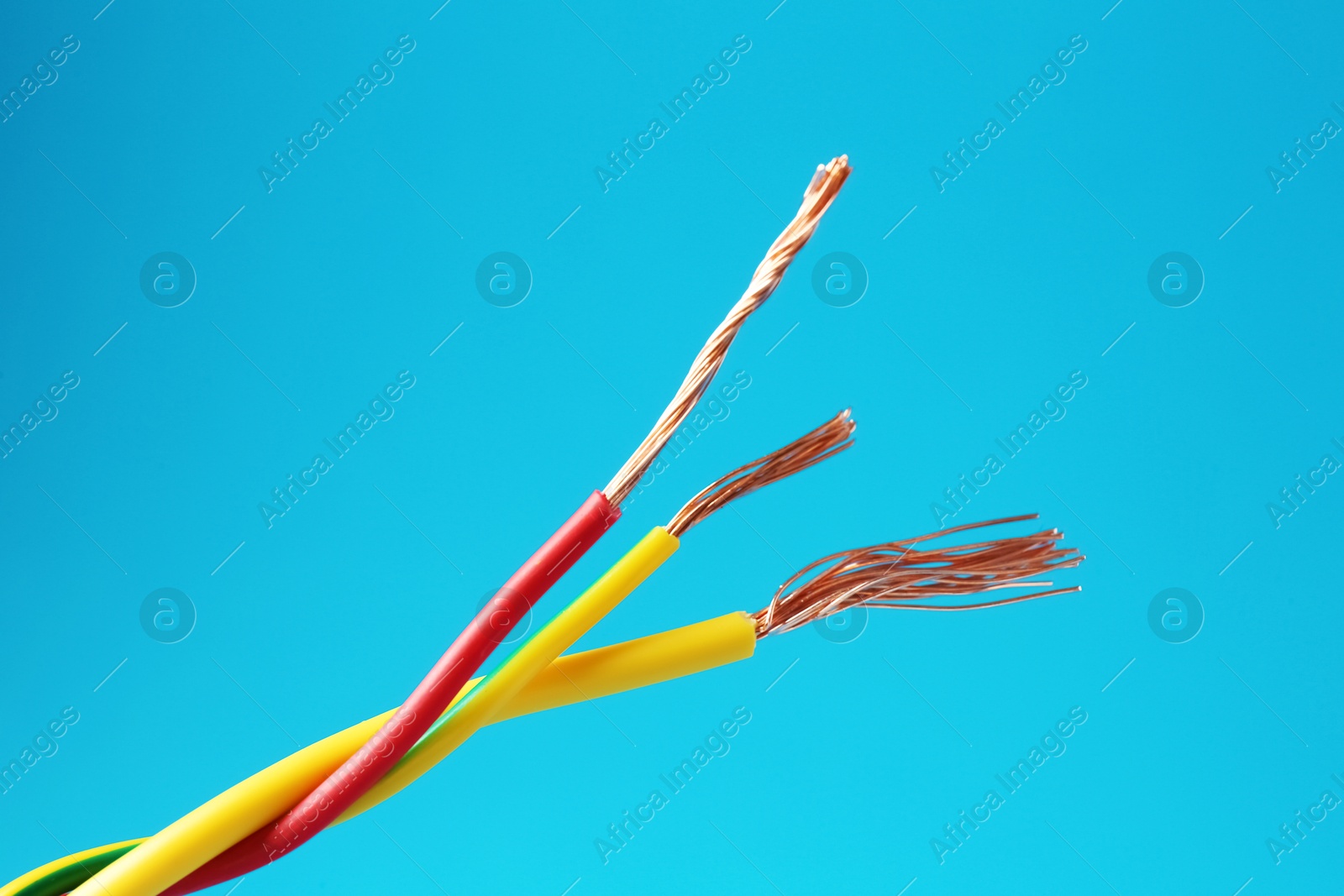 Photo of Stripped electrical wires with copper strands on light blue background, closeup