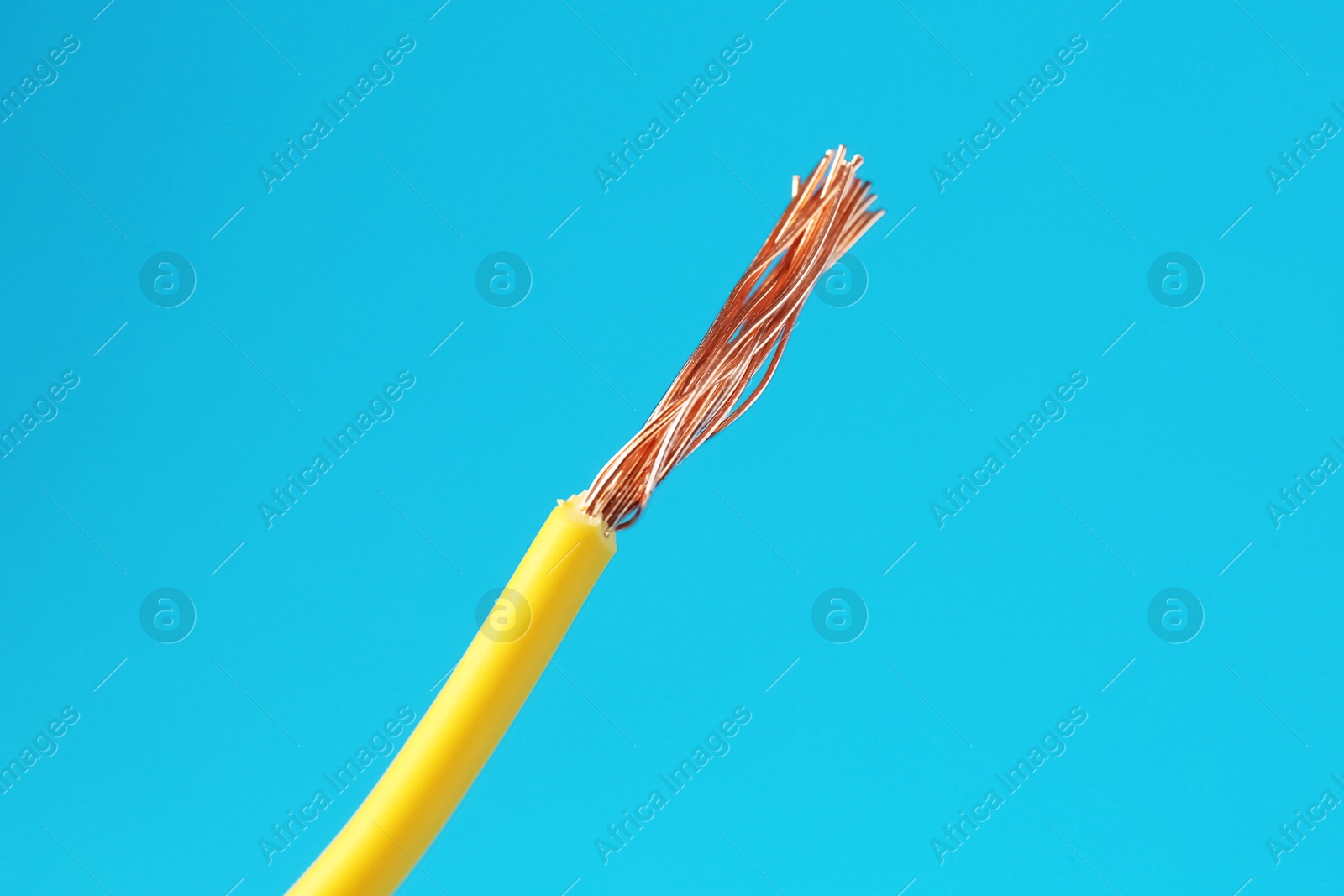 Photo of Stripped electrical wire with copper strands on light blue background, space for text