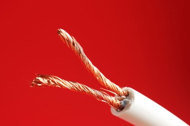 Photo of Stripped electrical wire with copper strands on red background, closeup