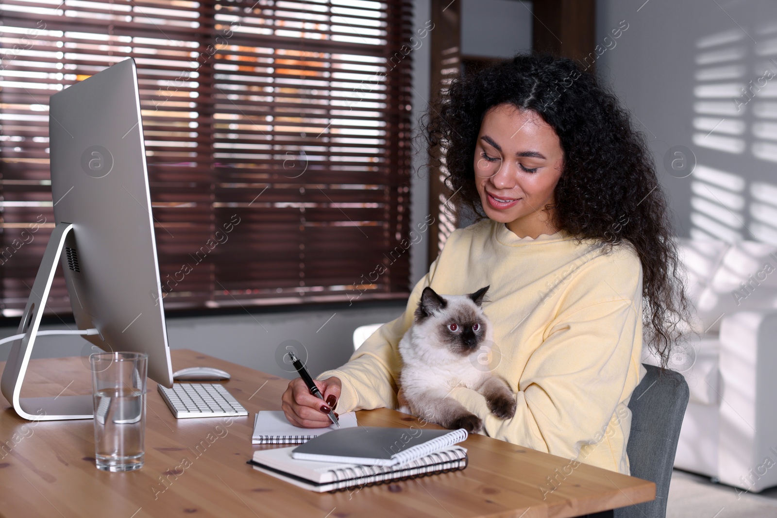 Photo of Beautiful woman with her cute cat working on computer at desk in home office