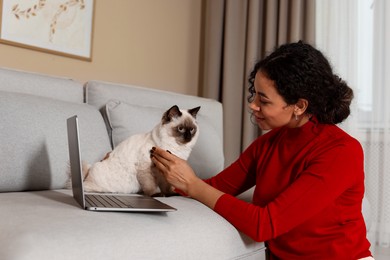 Photo of Beautiful woman with her cute cat working on laptop at home