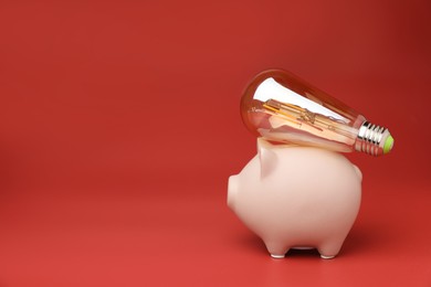 Photo of Piggy bank and light bulb on red background, space for text. Energy saving concept