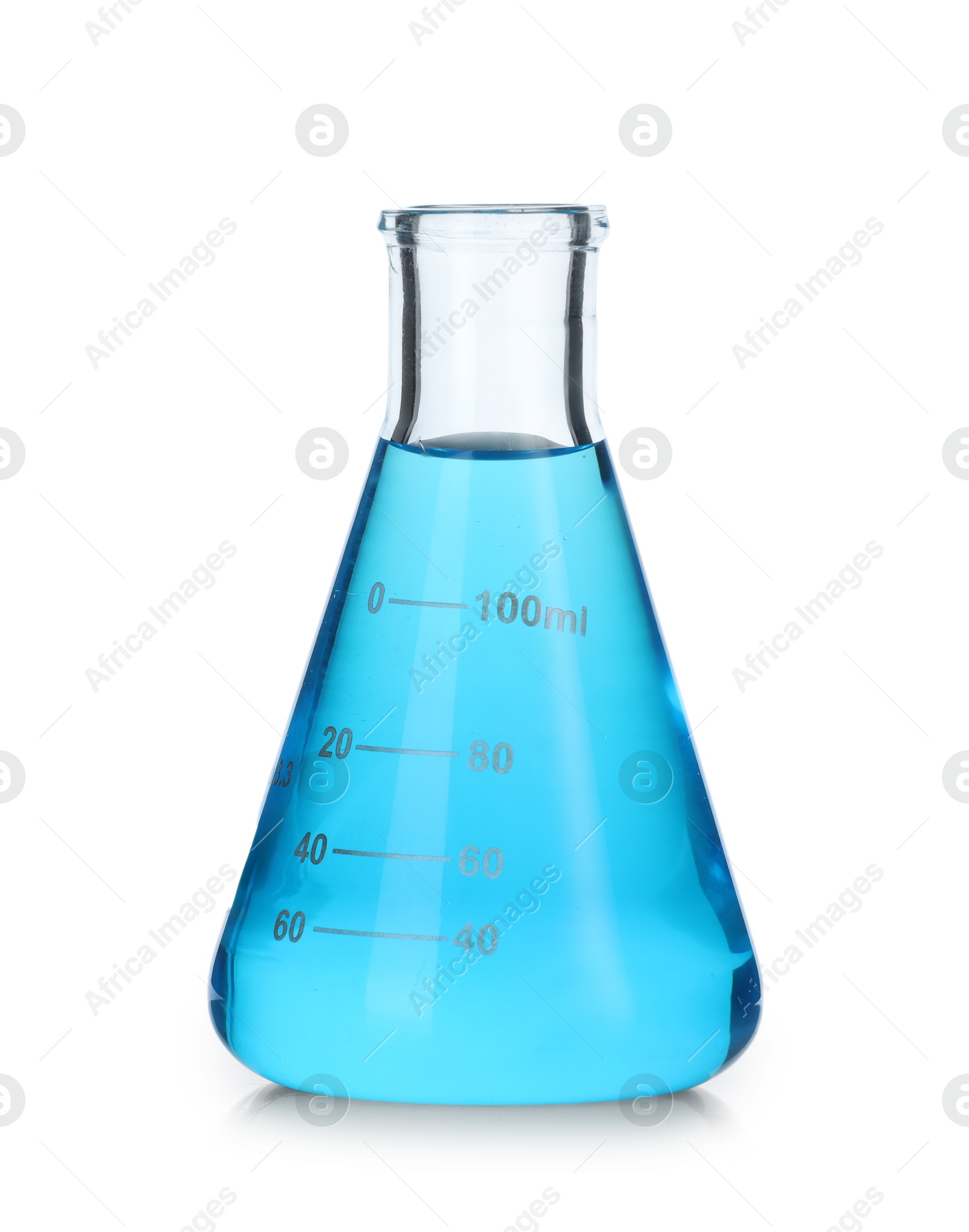 Photo of Conical flask with blue liquid isolated on white