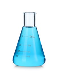 Photo of Conical flask with blue liquid isolated on white