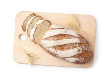 Photo of Wooden cutting board with fresh bread and spikes isolated on white, top view