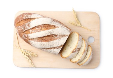 Wooden cutting board with fresh bread and spikes isolated on white, top view