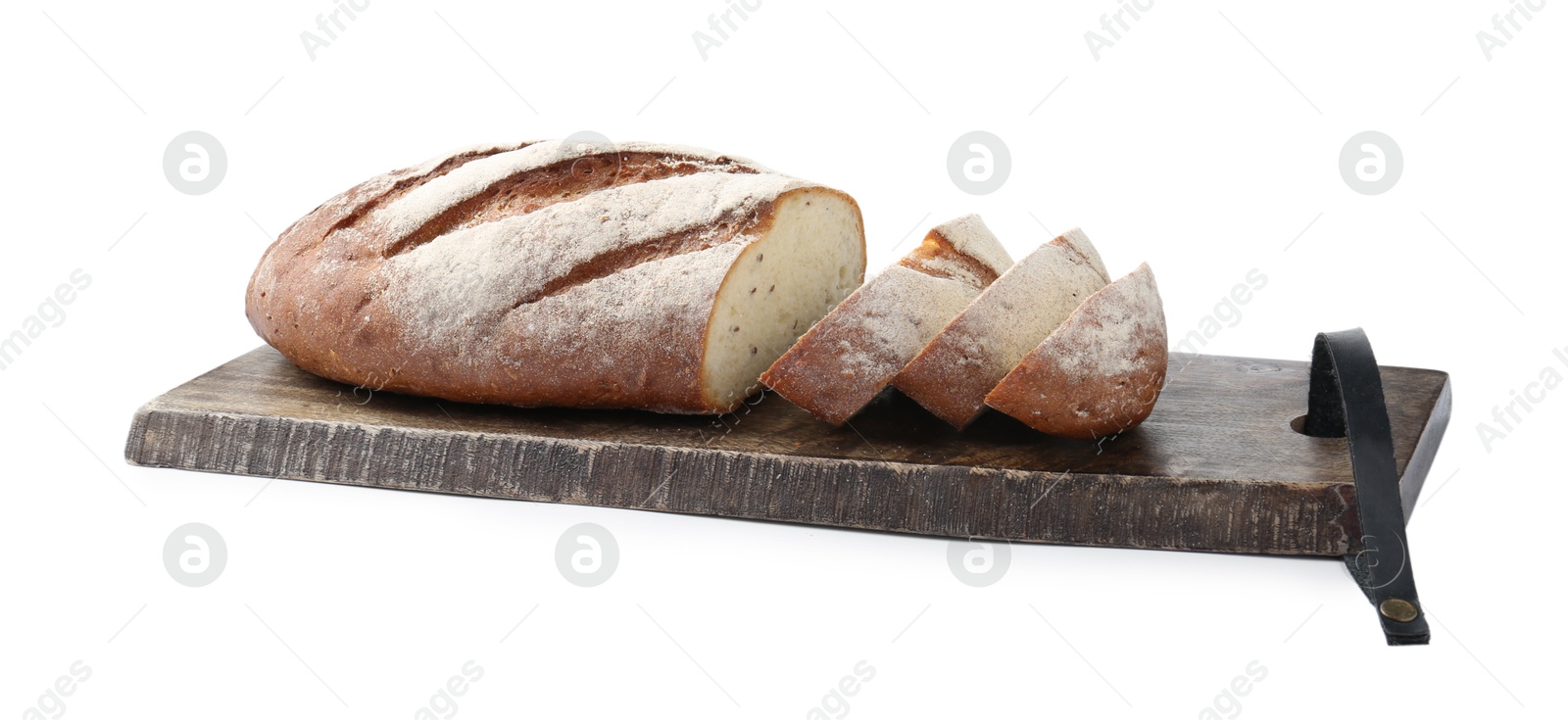 Photo of Wooden cutting board with fresh bread isolated on white