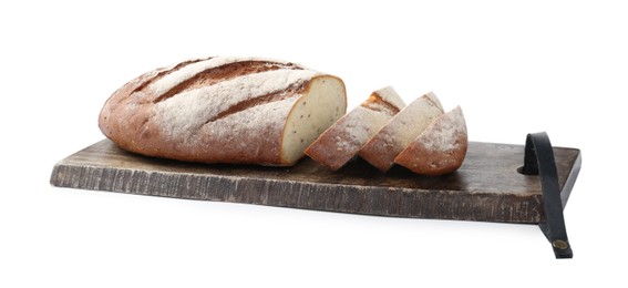 Photo of Wooden cutting board with fresh bread isolated on white