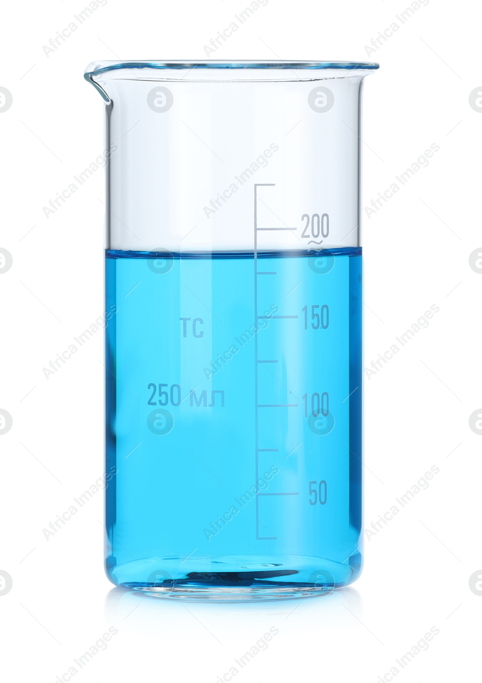 Photo of Beaker with blue liquid isolated on white