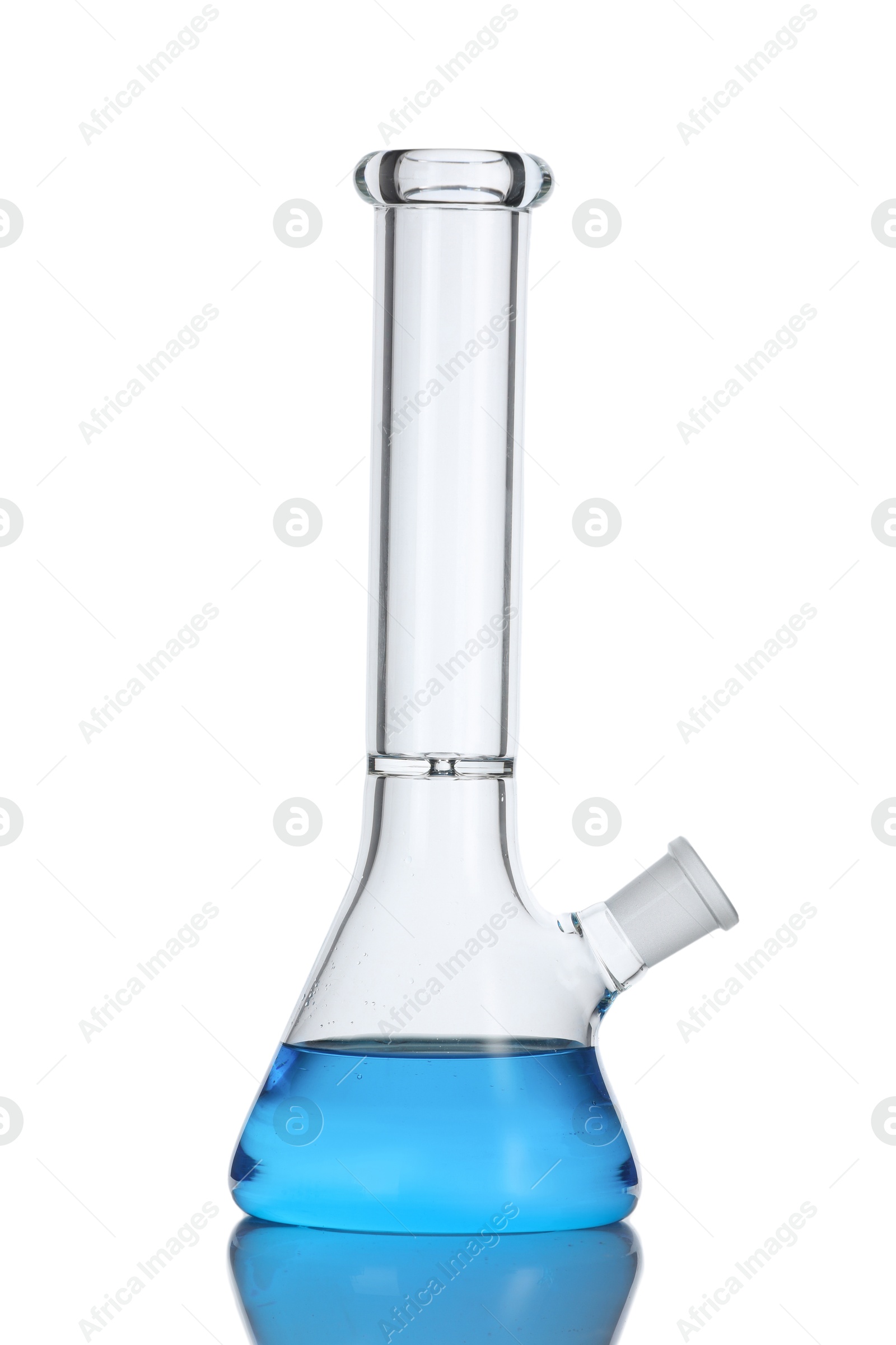 Photo of Schlenk flask with blue liquid isolated on white