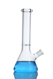 Photo of Schlenk flask with blue liquid isolated on white